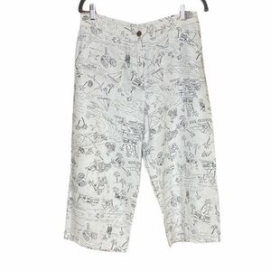 Chico’s Cropped 100% Linen Capris White with Black Summer Beach Print